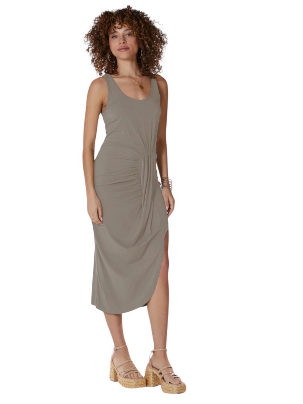 bobi Sleeveless Ruched Midi Dress in Taupe